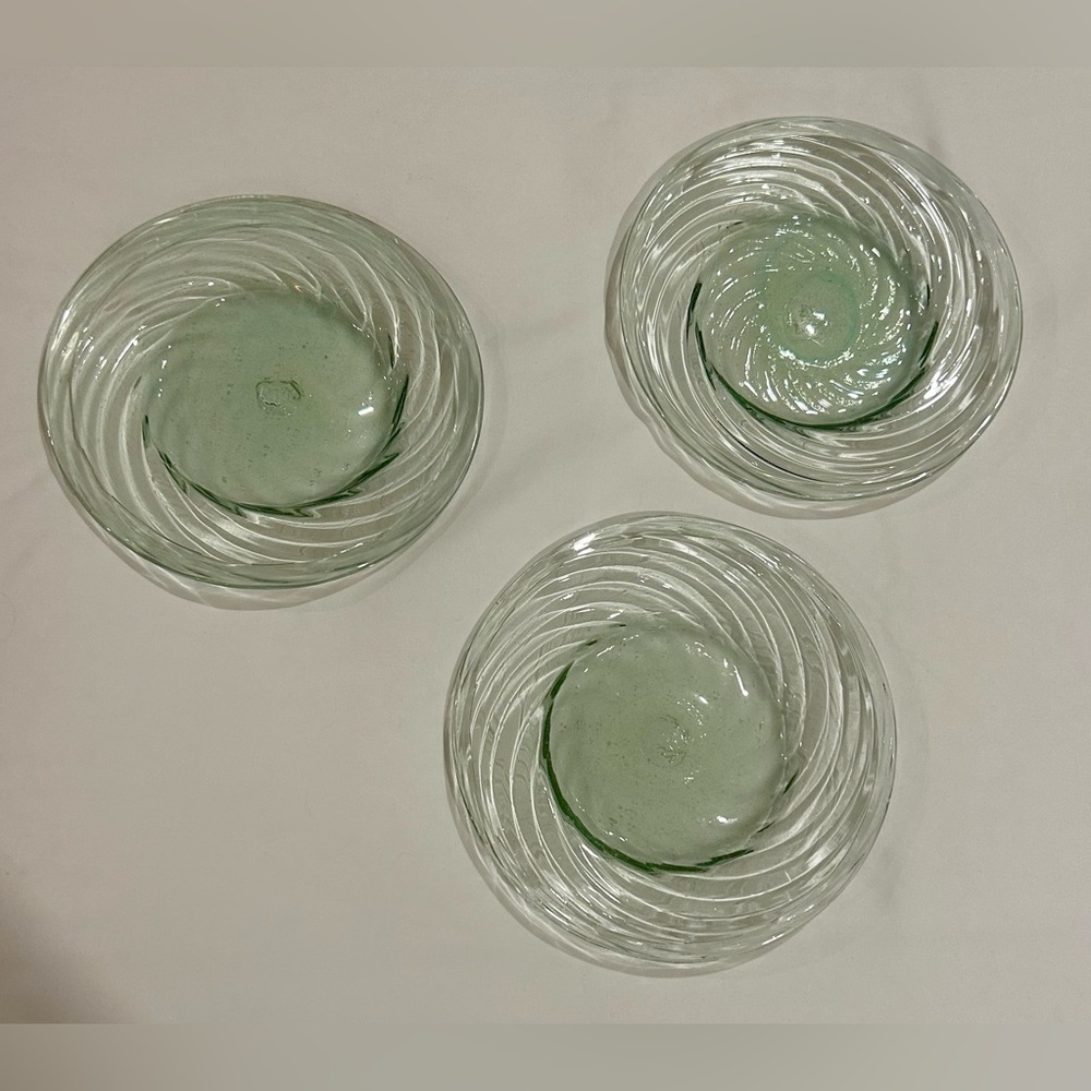 3 green, swirl, blown glass plates. 6.5”
